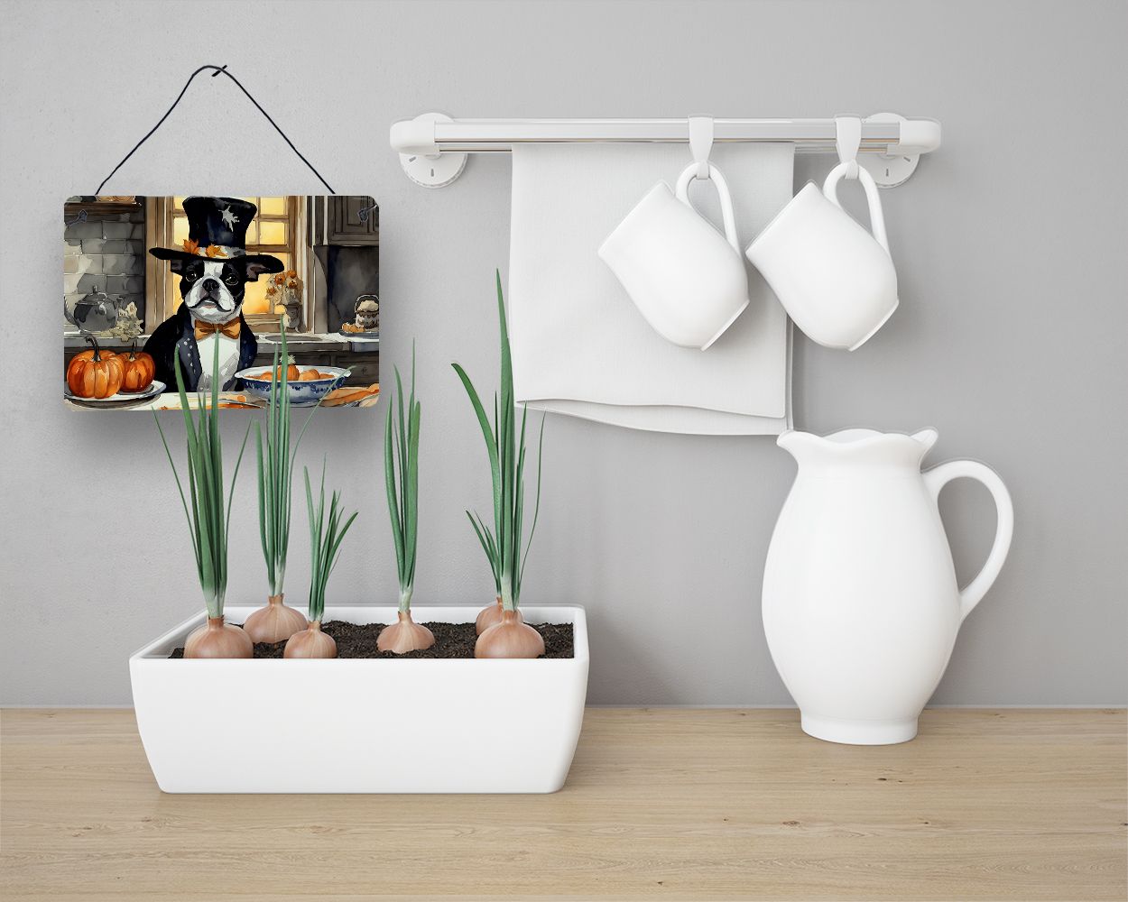 NEW Boston Terrier Fall Kitchen Pumpkins Wall or Door Hanging Prints Aluminum Metal Sign Kitchen Wall Bar Bathroom Plaque Home Decor, 8HX12W, Multicolor