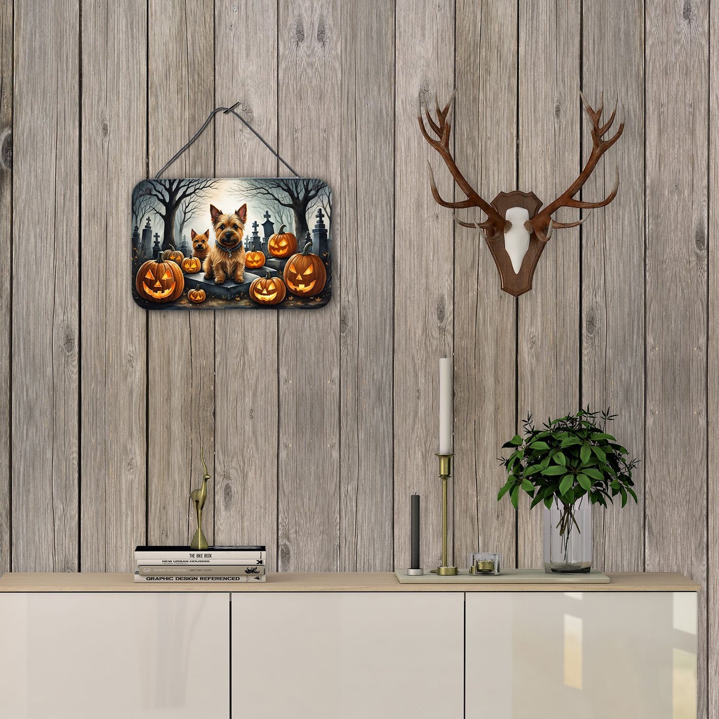 NEW Norwich Terrier Spooky Halloween Wall or Door Hanging Prints Aluminum Metal Sign Kitchen Wall Bar Bathroom Plaque Home Decor, 8HX12W, Multicolor