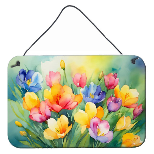 NEW Freesias in Watercolor Wall or Door Hanging Prints Aluminum Metal Sign Kitchen Wall Bar Bathroom Plaque Home Decor, 8HX12W, Multicolor