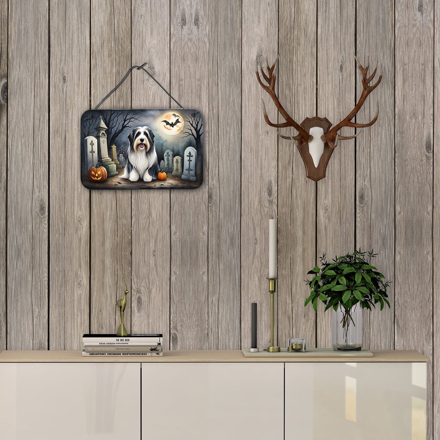 NEW Bearded Collie Spooky Halloween Wall or Door Hanging Prints Aluminum Metal Sign Kitchen Wall Bar Bathroom Plaque Home Decor, 8HX12W, Multicolor