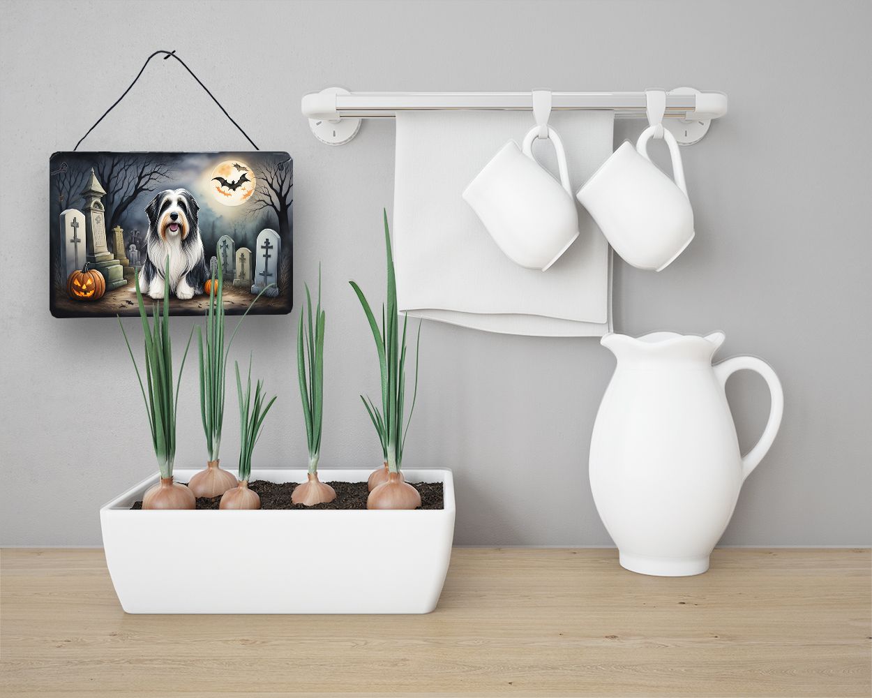 NEW Bearded Collie Spooky Halloween Wall or Door Hanging Prints Aluminum Metal Sign Kitchen Wall Bar Bathroom Plaque Home Decor, 8HX12W, Multicolor