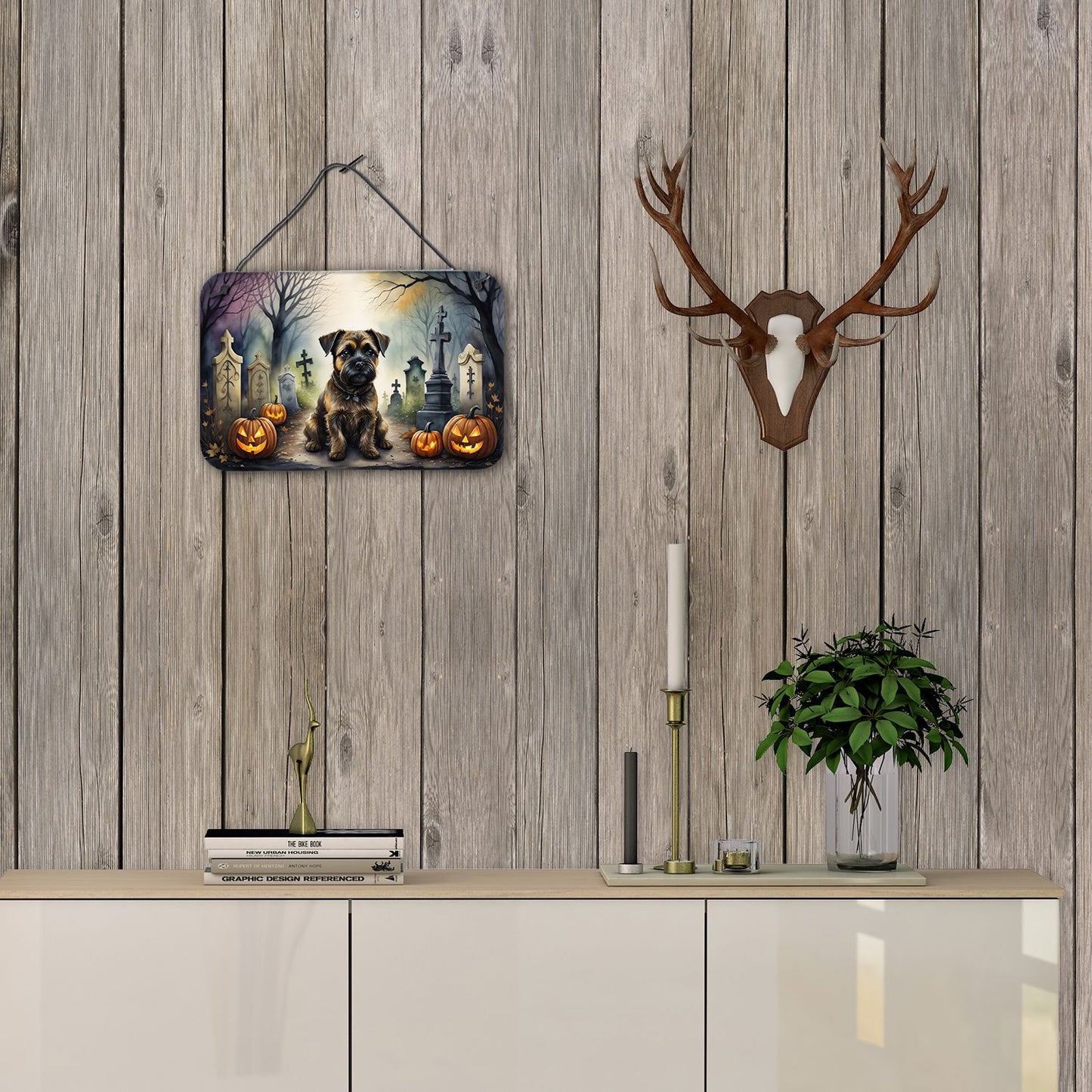 NEW Border Terrier Spooky Halloween Wall or Door Hanging Prints Aluminum Metal Sign Kitchen Wall Bar Bathroom Plaque Home Decor, 8HX12W, Multicolor