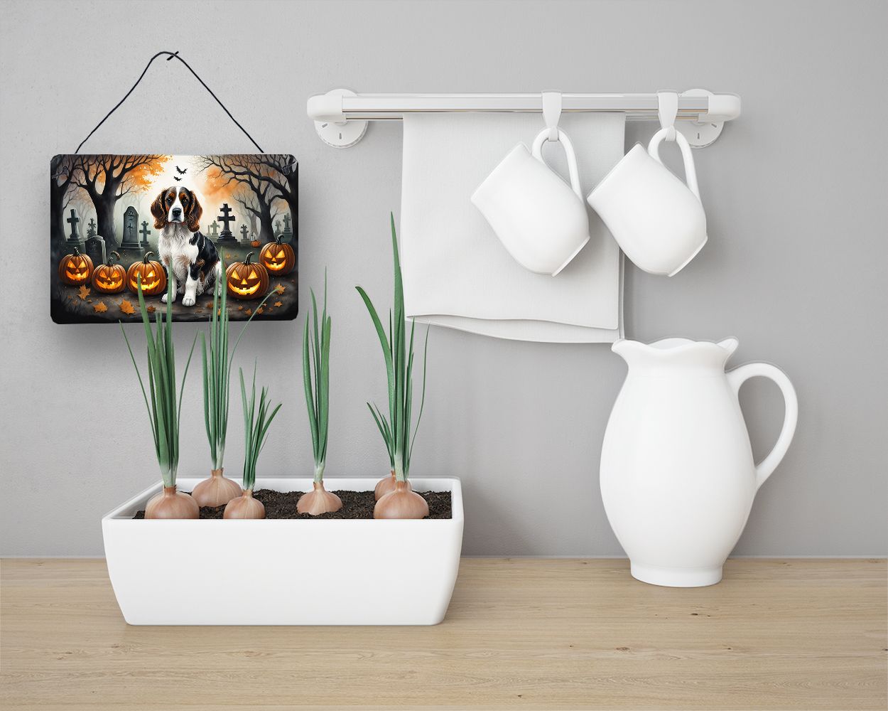 NEW Welsh Springer Spaniel Spooky Halloween Wall or Door Hanging Prints Aluminum Metal Sign Kitchen Wall Bar Bathroom Plaque Home Decor, 8HX12W, Multicolor