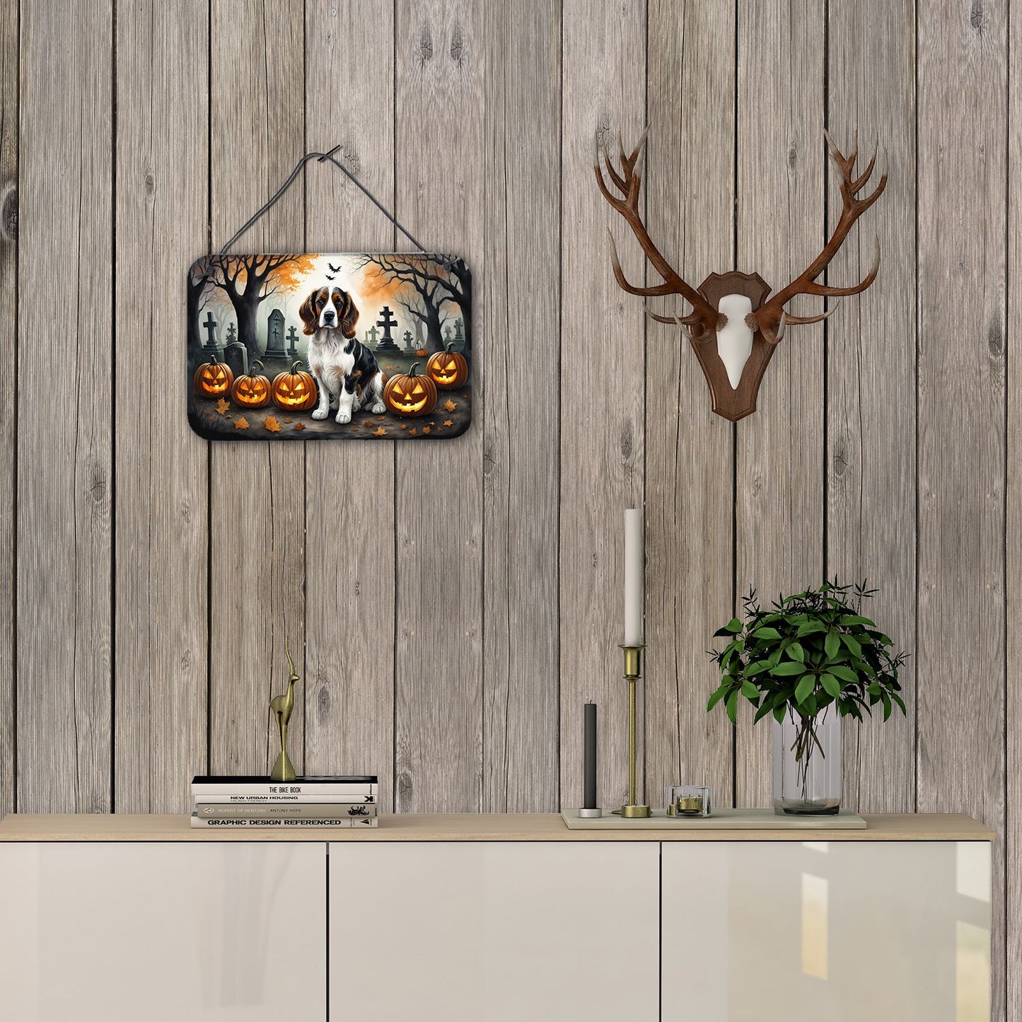 NEW Welsh Springer Spaniel Spooky Halloween Wall or Door Hanging Prints Aluminum Metal Sign Kitchen Wall Bar Bathroom Plaque Home Decor, 8HX12W, Multicolor
