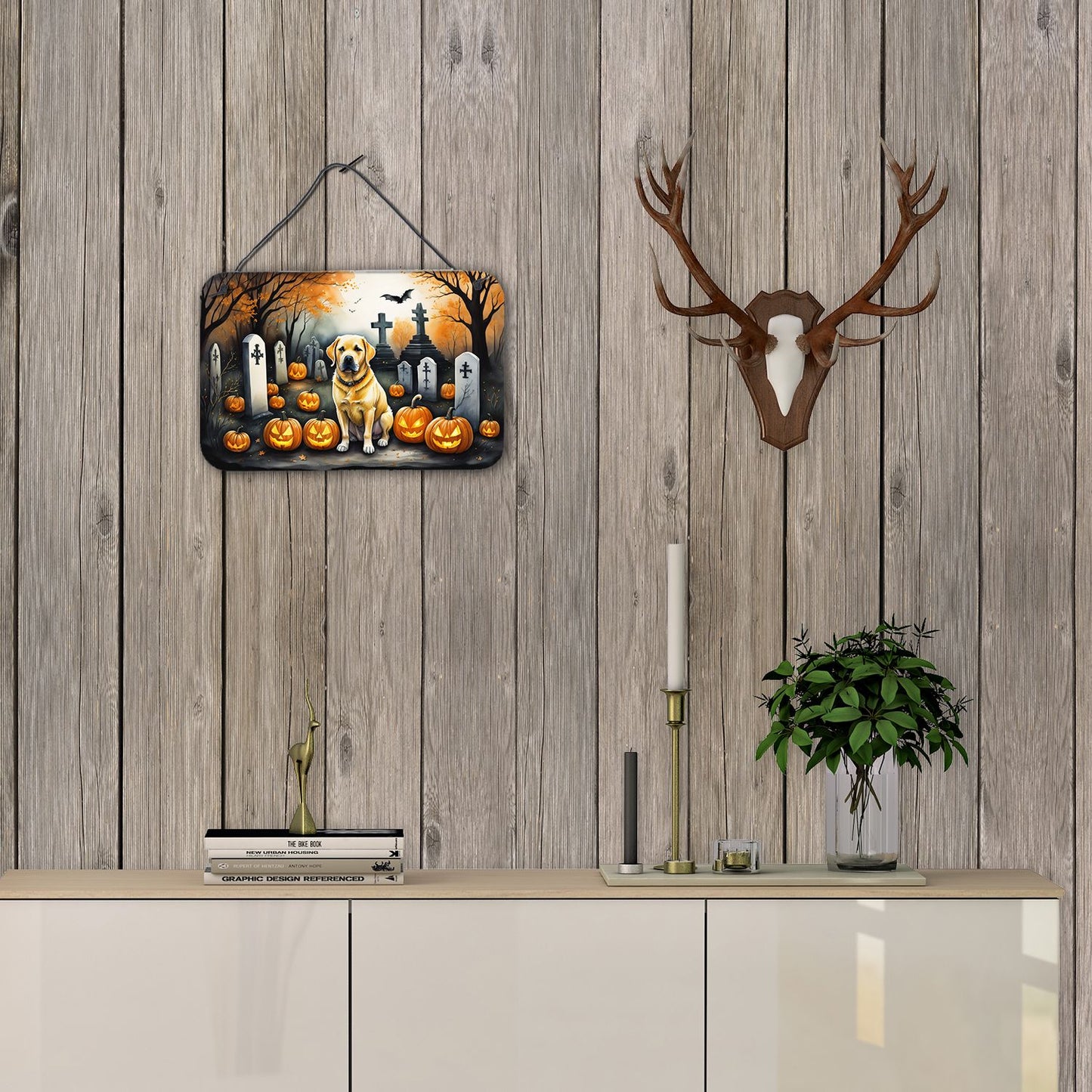 NEW Yellow Labrador Retriever Spooky Halloween Wall or Door Hanging Prints Aluminum Metal Sign Kitchen Wall Bar Bathroom Plaque Home Decor, 8HX12W, Multicolor