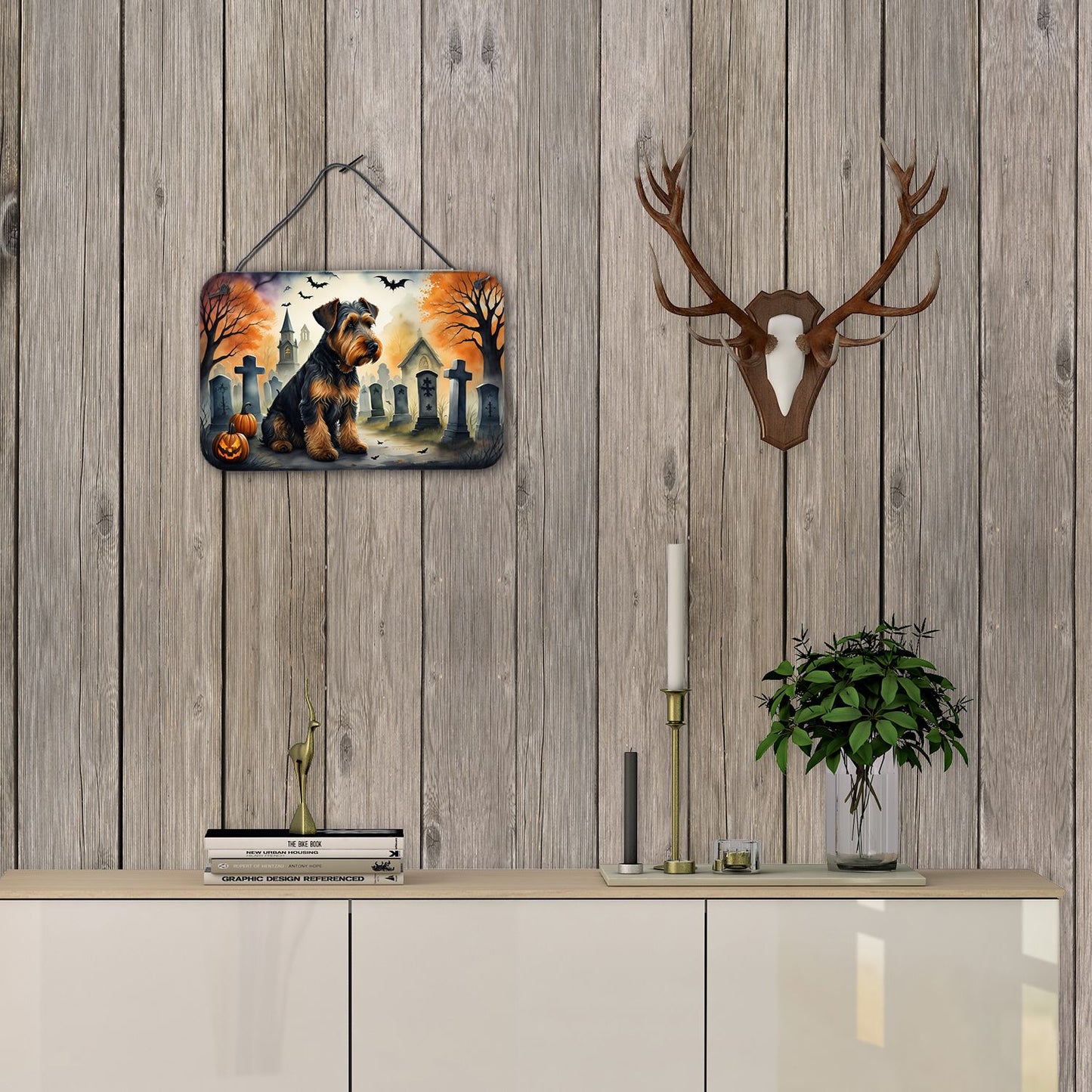 NEW Airedale Terrier Spooky Halloween Wall or Door Hanging Prints Aluminum Metal Sign Kitchen Wall Bar Bathroom Plaque Home Decor, 8HX12W, Multicolor