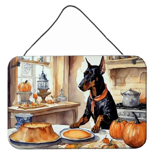 NEW Doberman Pinscher Fall Kitchen Pumpkins Wall or Door Hanging Prints Aluminum Metal Sign Kitchen Wall Bar Bathroom Plaque Home Decor, 8HX12W, Multicolor