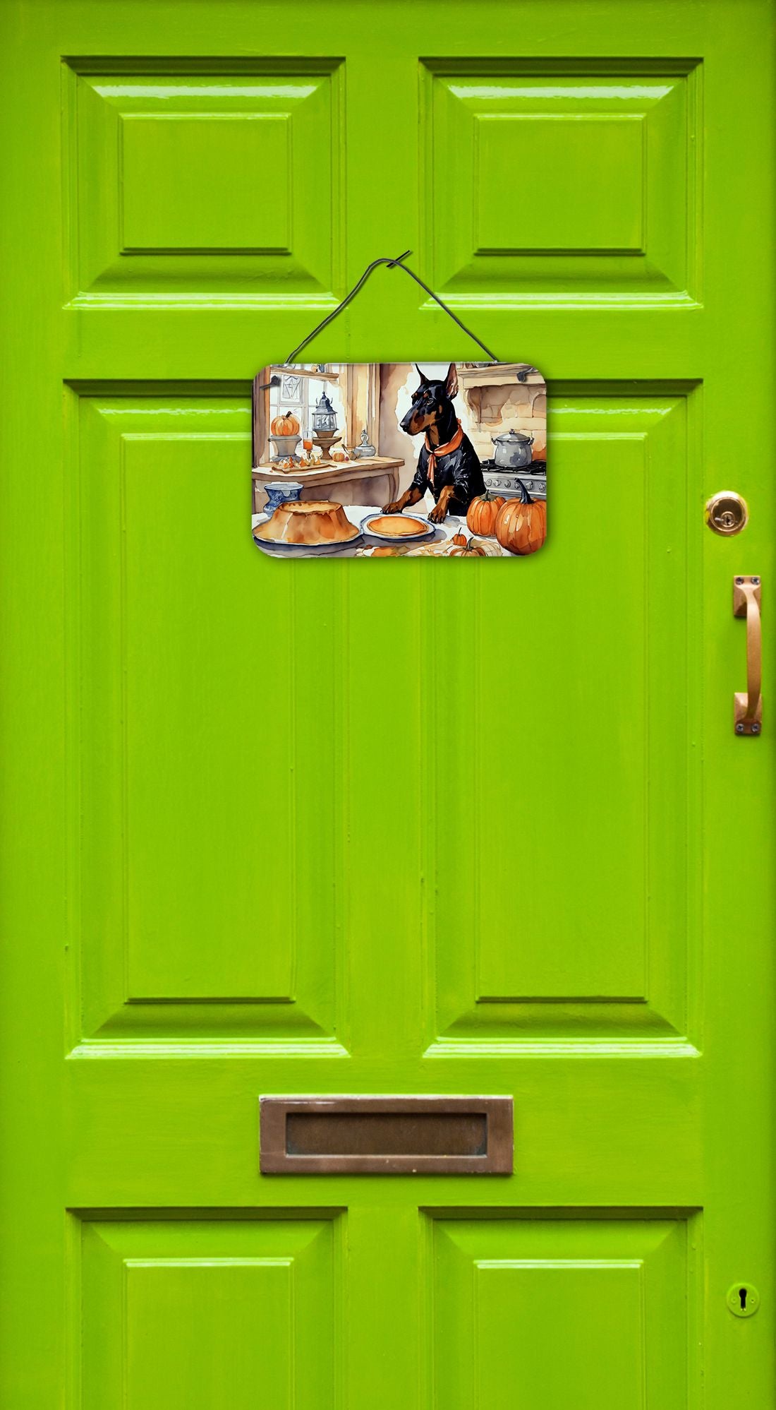 NEW Doberman Pinscher Fall Kitchen Pumpkins Wall or Door Hanging Prints Aluminum Metal Sign Kitchen Wall Bar Bathroom Plaque Home Decor, 8HX12W, Multicolor