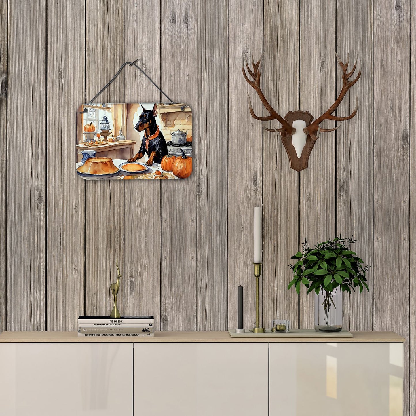NEW Doberman Pinscher Fall Kitchen Pumpkins Wall or Door Hanging Prints Aluminum Metal Sign Kitchen Wall Bar Bathroom Plaque Home Decor, 8HX12W, Multicolor
