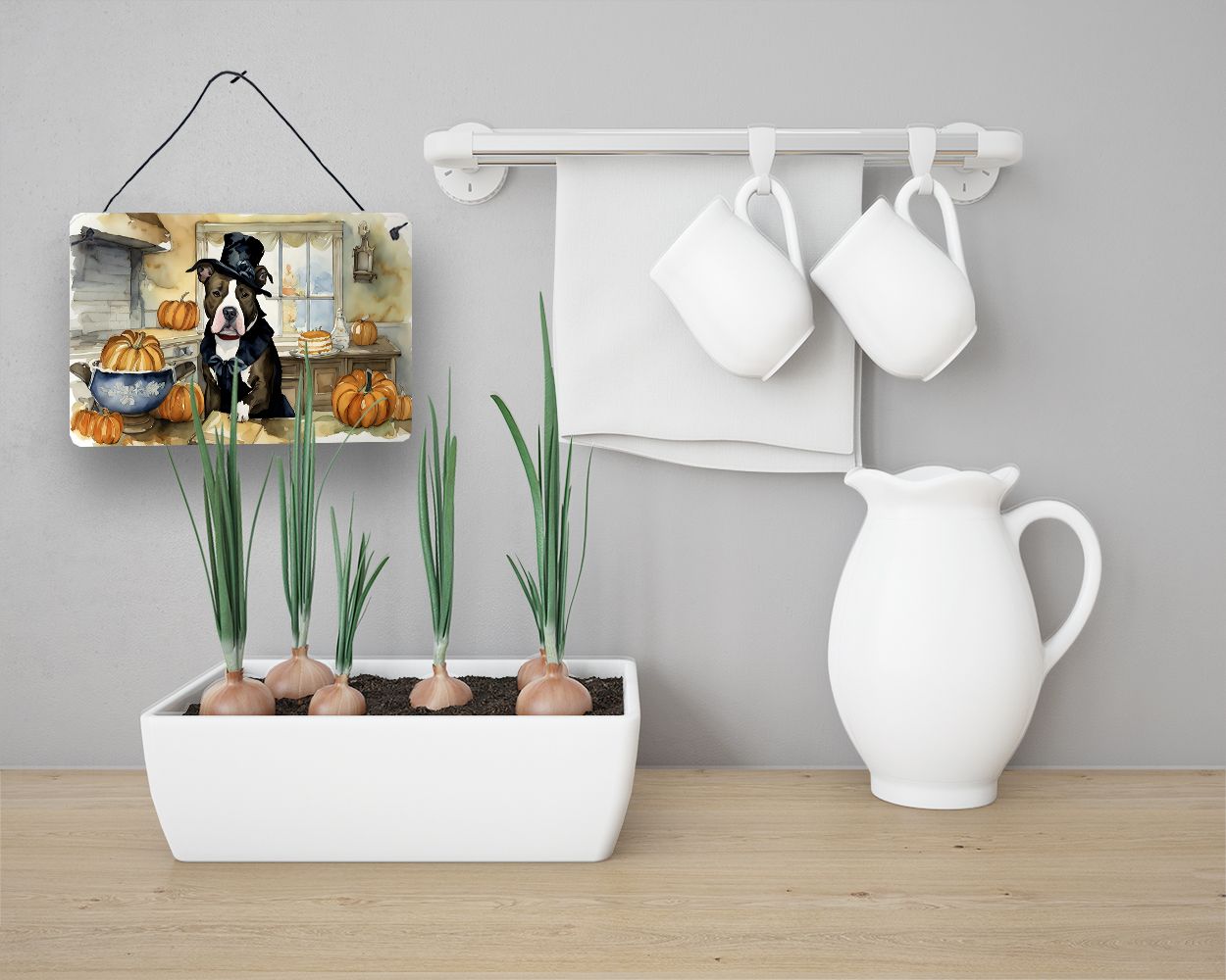 NEW Pit Bull Terrier Fall Kitchen Pumpkins Wall or Door Hanging Prints Aluminum Metal Sign Kitchen Wall Bar Bathroom Plaque Home Decor, 8HX12W, Multicolor