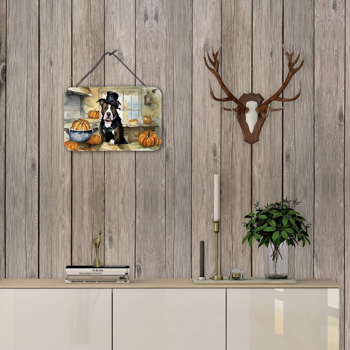 NEW Pit Bull Terrier Fall Kitchen Pumpkins Wall or Door Hanging Prints Aluminum Metal Sign Kitchen Wall Bar Bathroom Plaque Home Decor, 8HX12W, Multicolor
