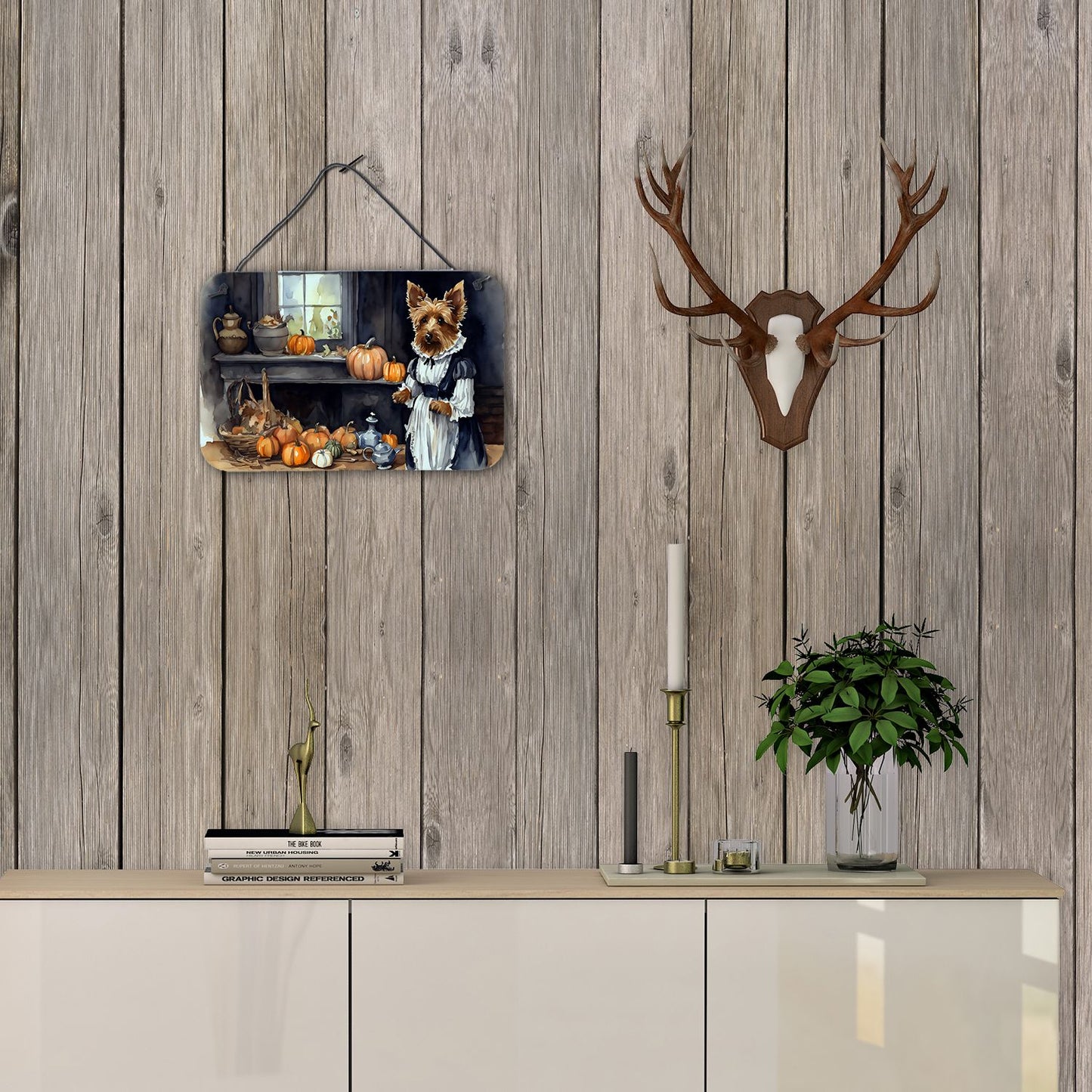 NEW Australian Terrier Fall Kitchen Pumpkins Wall or Door Hanging Prints Aluminum Metal Sign Kitchen Wall Bar Bathroom Plaque Home Decor, 8HX12W, Multicolor