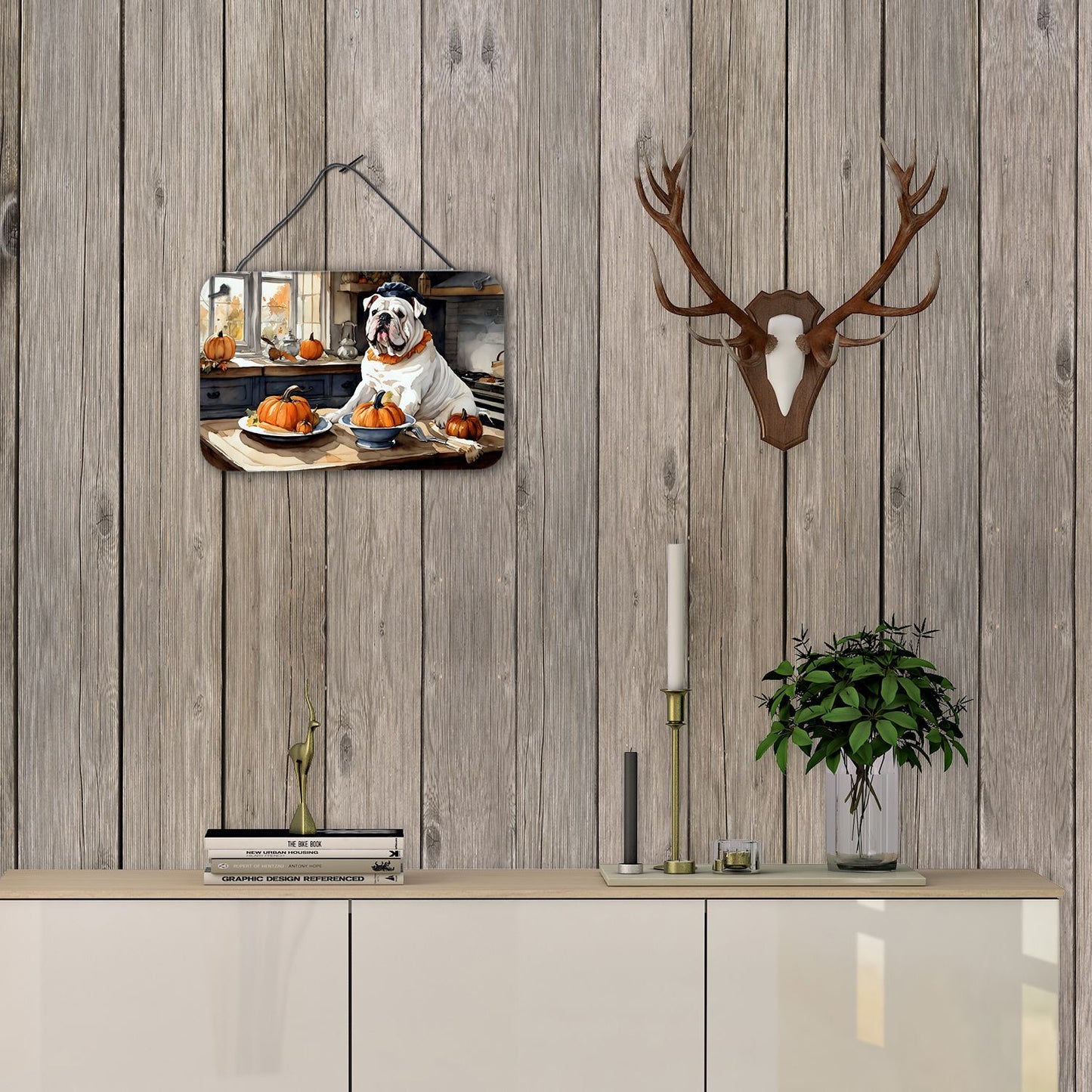 NEW English Bulldog Fall Kitchen Pumpkins Wall or Door Hanging Prints Aluminum Metal Sign Kitchen Wall Bar Bathroom Plaque Home Decor, 8HX12W, Multicolor