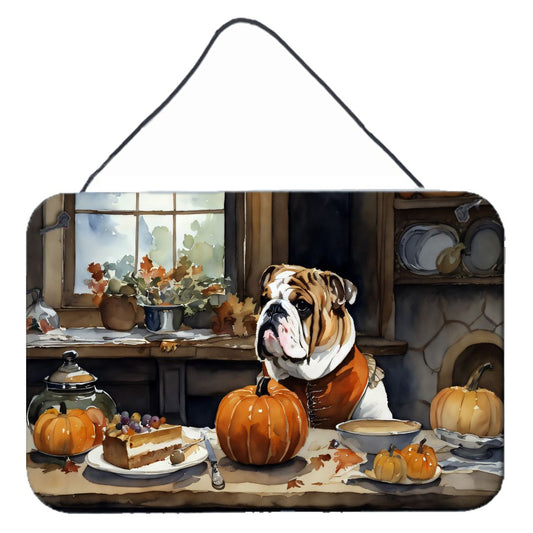 NEW English Bulldog Fall Kitchen Pumpkins Wall or Door Hanging Prints Aluminum Metal Sign Kitchen Wall Bar Bathroom Plaque Home Decor, 8HX12W, Multicolor