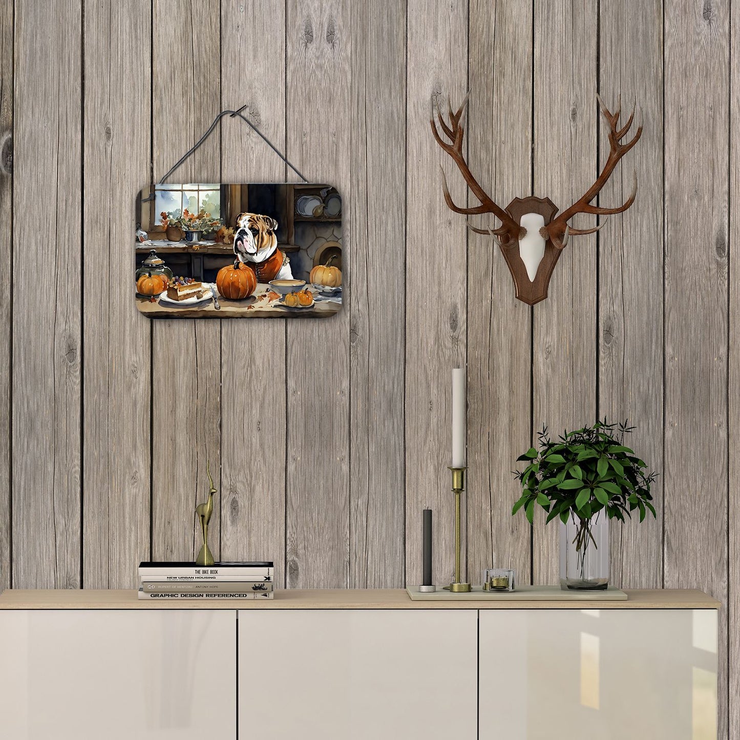 NEW English Bulldog Fall Kitchen Pumpkins Wall or Door Hanging Prints Aluminum Metal Sign Kitchen Wall Bar Bathroom Plaque Home Decor, 8HX12W, Multicolor