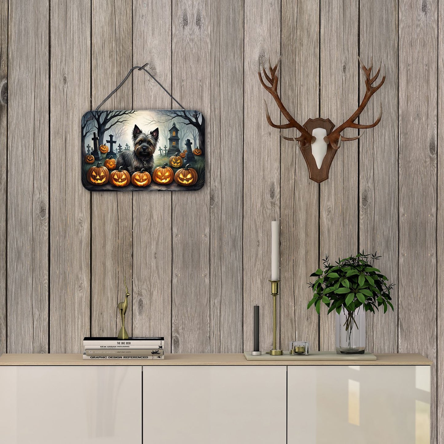 NEW Cairn Terrier Spooky Halloween Wall or Door Hanging Prints Aluminum Metal Sign Kitchen Wall Bar Bathroom Plaque Home Decor, 8HX12W, Multicolor