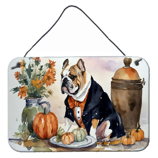 NEW English Bulldog Fall Kitchen Pumpkins Wall or Door Hanging Prints Aluminum Metal Sign Kitchen Wall Bar Bathroom Plaque Home Decor, 8HX12W, Multicolor