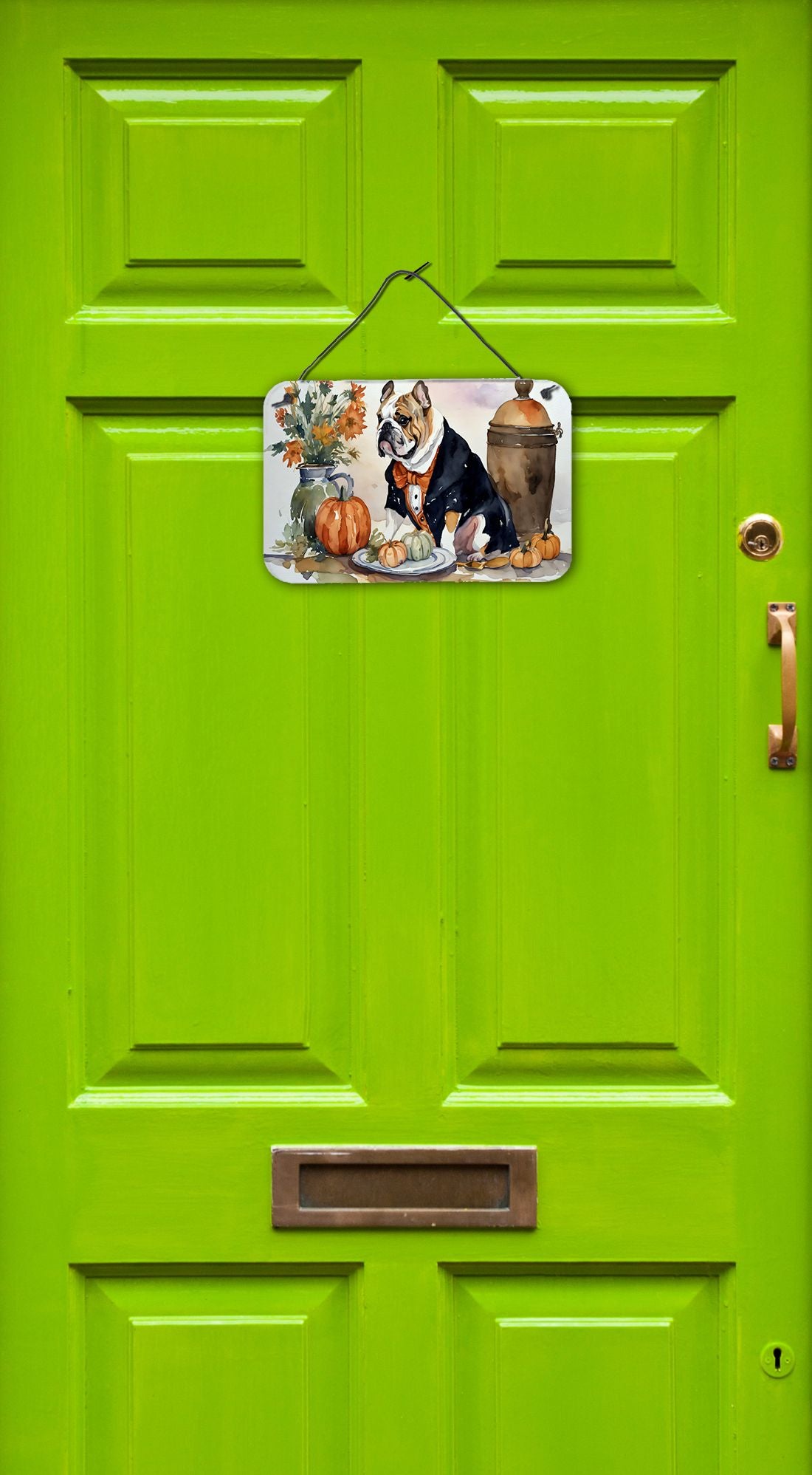 NEW English Bulldog Fall Kitchen Pumpkins Wall or Door Hanging Prints Aluminum Metal Sign Kitchen Wall Bar Bathroom Plaque Home Decor, 8HX12W, Multicolor