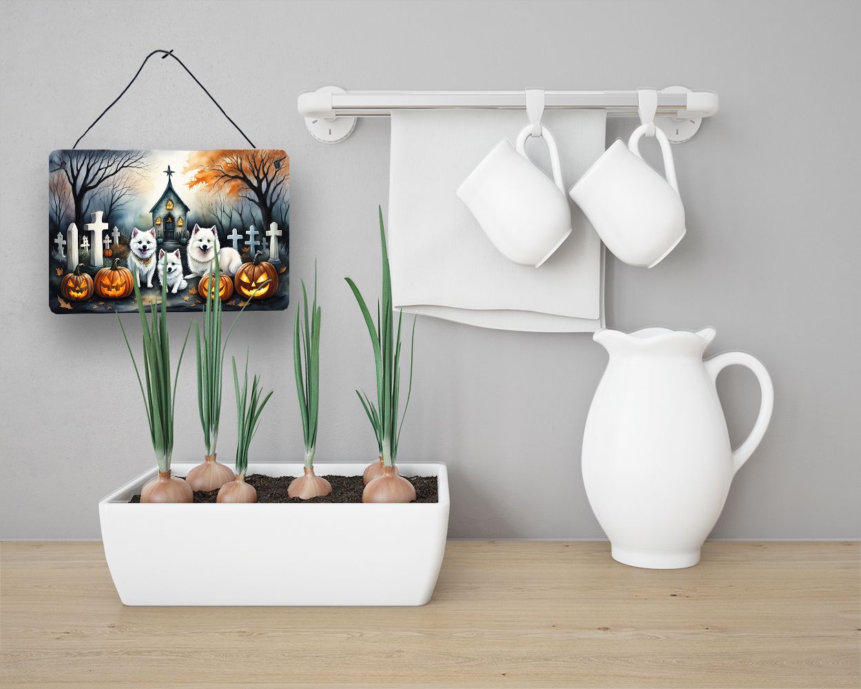 NEW American Eskimo Spooky Halloween Wall or Door Hanging Prints Aluminum Metal Sign Kitchen Wall Bar Bathroom Plaque Home Decor, 8HX12W, Multicolor