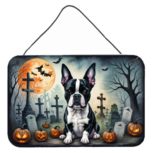 NEW Boston Terrier Spooky Halloween Wall or Door Hanging Prints Aluminum Metal Sign Kitchen Wall Bar Bathroom Plaque Home Decor, 8HX12W, Multicolor