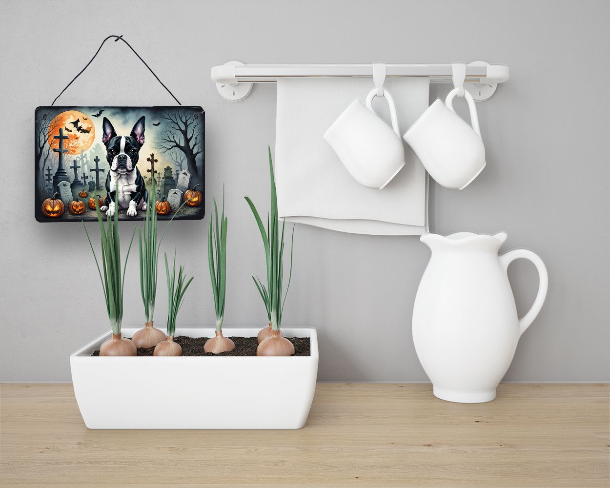 NEW Boston Terrier Spooky Halloween Wall or Door Hanging Prints Aluminum Metal Sign Kitchen Wall Bar Bathroom Plaque Home Decor, 8HX12W, Multicolor