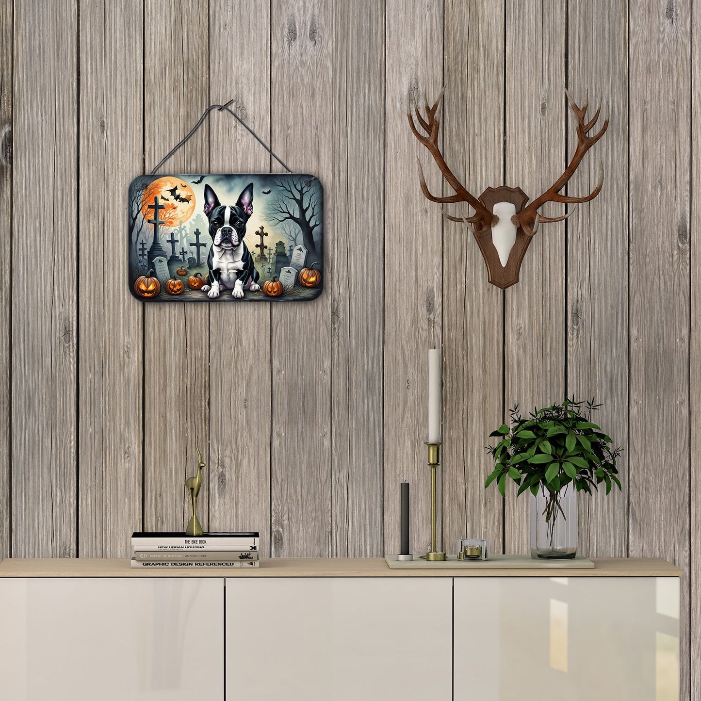NEW Boston Terrier Spooky Halloween Wall or Door Hanging Prints Aluminum Metal Sign Kitchen Wall Bar Bathroom Plaque Home Decor, 8HX12W, Multicolor